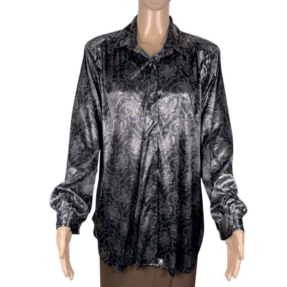 Vintage Joanna Floral Silver Padded Shoulder Long Sleeve Blouse Size M